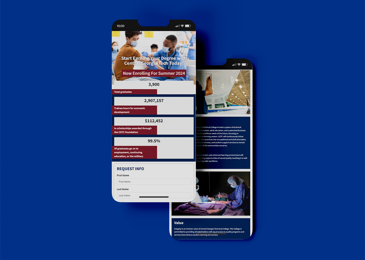 Two iPhones displaying Central Georgia Technical College information landing page